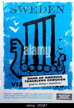 Bank of America Traveller cheques Suède Europe Travel annonce dans un magazine NatGeo juin 1957 Banque D'Images