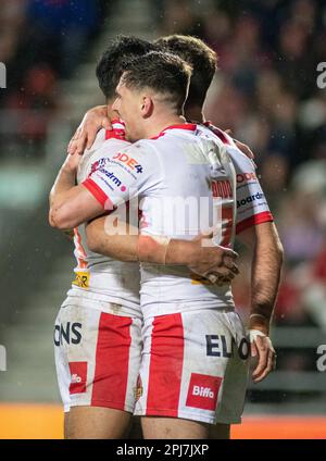 St Helens, Merseyside, Angleterre 31st mars 2023. St Helens célèbre l'essai de Lewis Dodd pendant, St Helens Rugby football Club V Wakefield Trinity Rugby League football Club au stade Totally Wicked, The Betfred Super League (Credit image: ©Cody Froggatt/Alamy Live news) Banque D'Images