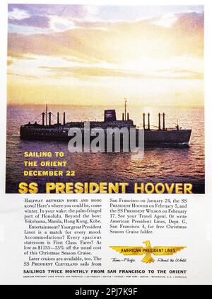 American President Lines - Publicité du président SS Hoover dans un magazine NatGeo, novembre 1959 Banque D'Images
