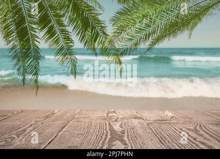 Table en bois sous les feuilles de palmier vertes sur la plage Banque D'Images
