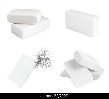 Collage de gommes à effacer en caoutchouc sur fond blanc Banque D'Images