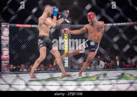 Temecula, Californie, États-Unis. 31st mars 2023. TEMECULA, CALIFORNIE - MARS 31: (R-L) Archie Colgan lance Justin Montalvo dans leur combat léger lors de l'événement Bellator 293 au Pechanga Resort and Casino on 31 mars 2023 à Temecula, Californie, États-Unis. (Credit image: © Matt Davies/PX Imagens via ZUMA Press Wire) USAGE ÉDITORIAL SEULEMENT! Non destiné À un usage commercial ! Crédit : ZUMA Press, Inc./Alay Live News Banque D'Images