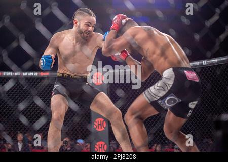 Temecula, Californie, États-Unis. 31st mars 2023. TEMECULA, CALIFORNIE - MARS 31: (G-D) Justin Montalvo poinçons Archie Colgan dans leur combat léger lors de l'événement Bellator 293 au Pechanga Resort and Casino on 31 mars 2023 à Temecula, Californie, États-Unis. (Credit image: © Matt Davies/PX Imagens via ZUMA Press Wire) USAGE ÉDITORIAL SEULEMENT! Non destiné À un usage commercial ! Crédit : ZUMA Press, Inc./Alay Live News Banque D'Images