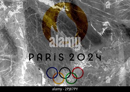PARIS, FRANCE, Mars 2023: Vue de dessus du drapeau des Jeux olympiques de france 2024 avec texture grunge. pas de mât. Conception de plan, présentation. Logo officiel de SOG Banque D'Images