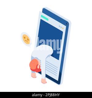 Flat 3D Isométrique homme d'affaires s'évanouissant à l'intérieur des médias sociaux. Médias sociaux ou Internet addiction concept Illustration de Vecteur