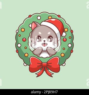 Chats adorables avec une couronne de Noël pour l'hiver Illustration de Vecteur