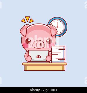 Mignon cochon travaillant sur ordinateur portable Illustration de Vecteur