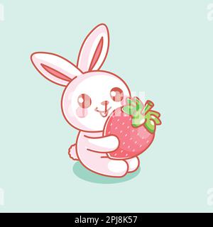 Mignon lapin tenant une bande dessinée de fraise Illustration de Vecteur
