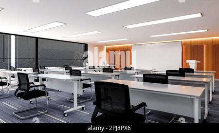 Intérieur d'une grande salle de formation de bureau moderne avec grand écran de moniteur incurvé pour les moniteurs de présentation et de plafond TV, 3D rendu Banque D'Images