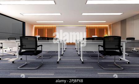 Intérieur d'une grande salle de formation de bureau moderne avec grand écran de moniteur incurvé pour les moniteurs de présentation et de plafond TV, 3D rendu Banque D'Images