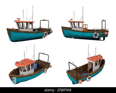 Dessin animé bas bateau de pêche en poly sur fond blanc, Clipping Path, 3D rendu Banque D'Images