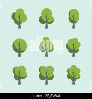 Ensemble de neuf arbres plats dans des tons verts Illustration de Vecteur