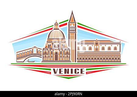 Illustration vectorielle de Venise, badge horizontal avec simple design linéaire célèbre paysage de la ville de venise sur fond de ciel de jour, art de ligne historique européen Illustration de Vecteur