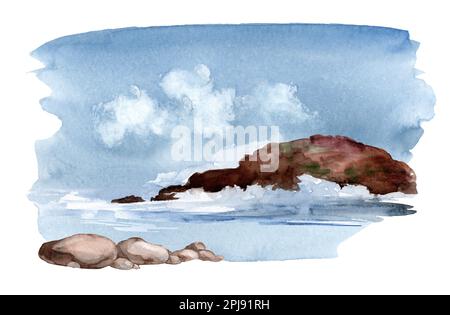 Mer. illustration aquarelle. Plage dessinée à la main avec plage de sable et rochers. Arrière-plan de la scène nature. Banque D'Images