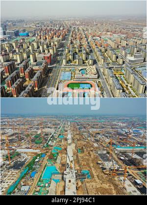 Xiong'an. 1st avril 2017. Cette photo combinée montre la vue aérienne de la région de Rongdong sur 24 mars 2023 (UP) et le site de construction de celle-ci le 11 août 2020 dans la nouvelle région de Xiong'an, dans la province de Hebei, au nord de la Chine. La Chine a annoncé des plans visant à établir la nouvelle zone de Xiong'an sur 1 avril 2017, à soulager Beijing des fonctions non essentielles à son rôle de capitale nationale et à faire progresser le développement coordonné de la région de Beijing-Tianjin-Hebei. Crédit : MU Yu/Xinhua/Alay Live News Banque D'Images