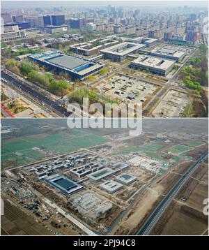 Xiong'an. 1st avril 2017. Cette photo combinée montre la vue aérienne du centre de service citoyen de Xiong'an sur 31 mars 2023 (UP) et le site de construction de celui-ci sur 21 mars 2018 dans la nouvelle région de Xiong'an, dans la province de Hebei au nord de la Chine. La Chine a annoncé des plans visant à établir la nouvelle zone de Xiong'an sur 1 avril 2017, à soulager Beijing des fonctions non essentielles à son rôle de capitale nationale et à faire progresser le développement coordonné de la région de Beijing-Tianjin-Hebei. Crédit : MU Yu/Xinhua/Alay Live News Banque D'Images