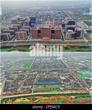 Xiong'an. 1st avril 2017. Cette photo combinée montre la vue aérienne du centre de services aux entreprises de 31 mars 2023 (UP) et du site de construction de celui-ci le 13 août 2020 dans la nouvelle région de Xiong'an, dans la province de Hebei, au nord de la Chine. La Chine a annoncé des plans visant à établir la nouvelle zone de Xiong'an sur 1 avril 2017, à soulager Beijing des fonctions non essentielles à son rôle de capitale nationale et à faire progresser le développement coordonné de la région de Beijing-Tianjin-Hebei. Crédit : MU Yu/Xinhua/Alay Live News Banque D'Images