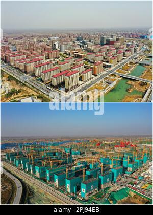 Xiong'an. 1st avril 2017. Cette photo combinée montre la vue aérienne de la région de Rongdong sur 24 mars 2023 (en haut) et le site de construction de celui-ci le 6 novembre 2020 dans la nouvelle région de Xiong'an, dans la province de Hebei au nord de la Chine. La Chine a annoncé des plans visant à établir la nouvelle zone de Xiong'an sur 1 avril 2017, à soulager Beijing des fonctions non essentielles à son rôle de capitale nationale et à faire progresser le développement coordonné de la région de Beijing-Tianjin-Hebei. Crédit : MU Yu/Xinhua/Alay Live News Banque D'Images