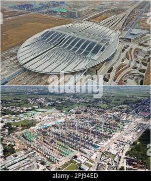 Xiong'an. 1st avril 2017. Cette photo combinée montre la vue aérienne de la gare de Xiong'an sur 23 mars 2023 (UP) et le site de construction de celle-ci le 29 août 2019 dans la nouvelle région de Xiong'an, dans la province de Hebei, au nord de la Chine. La Chine a annoncé des plans visant à établir la nouvelle zone de Xiong'an sur 1 avril 2017, à soulager Beijing des fonctions non essentielles à son rôle de capitale nationale et à faire progresser le développement coordonné de la région de Beijing-Tianjin-Hebei. Crédit : MU Yu/Xinhua/Alay Live News Banque D'Images