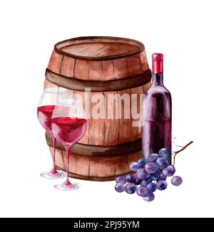 Fût en bois, raisins et deux verres de vin rouge. Peinture aquarelle dessinée à la main isolée sur fond blanc Banque D'Images