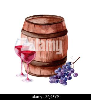 Fût en bois, raisins et deux verres de vin rouge. Peinture aquarelle dessinée à la main isolée sur fond blanc Banque D'Images