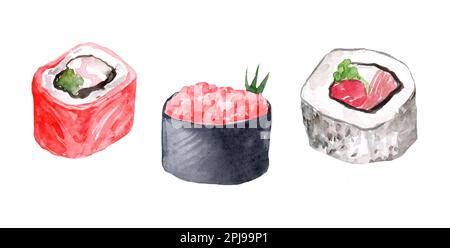 Ensemble d'illustrations aquarelles de sushis et de petits pains. Gunkan, philadelphie, californie, rouler avec du saumon, de l'avocat et du concombre. Poisson et fruits de mer, caviar Banque D'Images