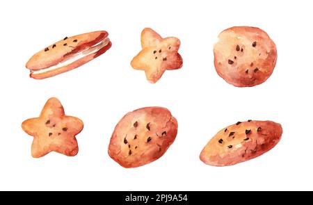 Produits frais de boulangerie, biscuits aux pépites de chocolat et crème de remplissage. Illustration aquarelle dessinée à la main isolée sur fond blanc. Produits de boulangerie. Banque D'Images