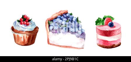 Cheesecake, soufflé et muffins aux baies. Framboises, bleuets, raisins de Corinthe. Aquarelle dessinée à la main, bleuet sur fond blanc. Banque D'Images