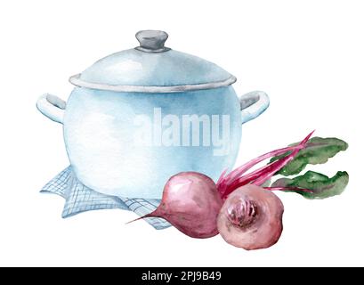 Poêle à frire avec bouillon et légumes frais. Aquarelle illustration dessinée à la main isolée sur fond blanc. Banque D'Images