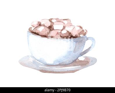 Tasse au chocolat chaud et douceur isolée sur fond blanc. Illustration aquarelle. Guimauves et crème fouettée. Banque D'Images