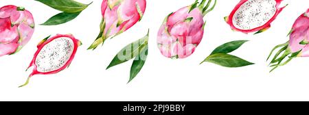 Motif horizontal sans couture avec fruits de dragon aquarelle, feuilles vertes. Banque D'Images