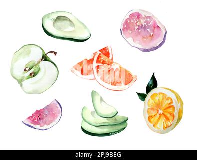 dessin aquarelle de fruits et légumes. Avocat, mandarine, citron, figue, pomme tranchée. Banque D'Images