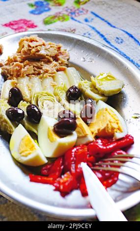 Assiette combinée d'oeufs, d'asperges, d'artichauts, de poivre de piquillo et de thon dans l'huile Banque D'Images