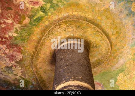 Détails floraux sur le plafond de l'escalier au noble étage de la Pedrera - Casa Milà (Barcelone, Catalogne, Espagne) Banque D'Images