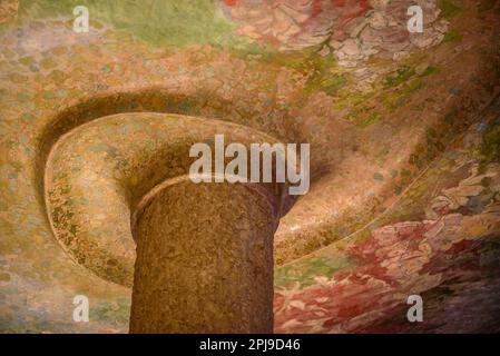 Détails floraux sur le plafond de l'escalier au noble étage de la Pedrera - Casa Milà (Barcelone, Catalogne, Espagne) Banque D'Images