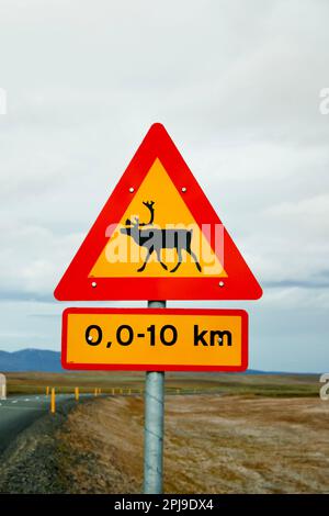 Panneau d'avertissement de renne. Islande, Europe. Banque D'Images