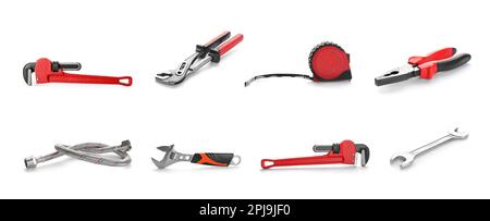 Mettre en place les outils et fournitures de plomberie sur fond blanc. Bannière Banque D'Images