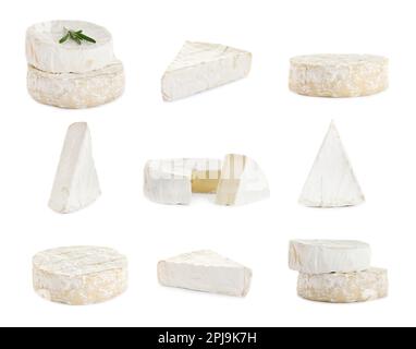 Décor composé de délicieux fromages brie et camambert sur fond blanc Banque D'Images