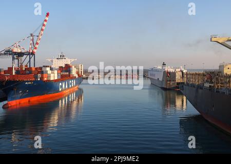 Livourne, Italie - 08 20 2023: Terminal à conteneurs avec conteneurs rangés de différents expéditeurs grues portiques et chariots à cheval à Livourne. À hori Banque D'Images