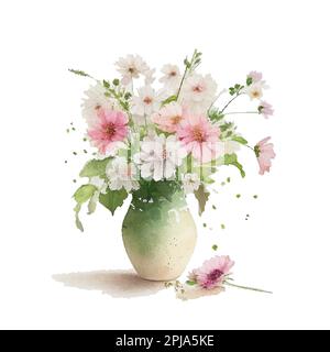 Bouqet aquarelle avec fleurs blanches et roses sauvages dans un vase. Illustration de Vecteur