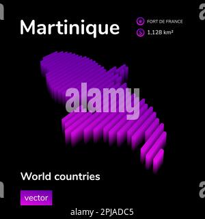 Martinique 3D carte. La carte vectorielle isométrique à rayures numériques stylisée néon simple est en violet sur fond noir Illustration de Vecteur