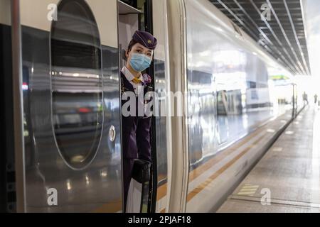 Shanghai. 1st avril 2023. Le chef de train Li Xiaojia donne sur le train G99 sur 1 avril 2023. Lorsque le train G99 quitte la gare de Shanghai Hongqiao pour la gare de Hong Kong West Kowloon, les services du train à grande vitesse de Shanghai-Hong Kong ont repris samedi. Crédit : Wang Xiang/Xinhua/Alay Live News Banque D'Images