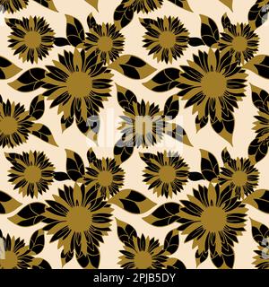 motif sans couture de grands boutons de fleurs noires avec un contour doré sur un fond beige, texture florale brillante, design Banque D'Images