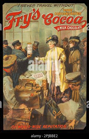 « Je ne voyage jamais sans » le cacao concentré et le chocolat au lait de Fry, de renommée mondiale J.S. Fry & Sons Ltd, publicité vintage de C1900 Banque D'Images