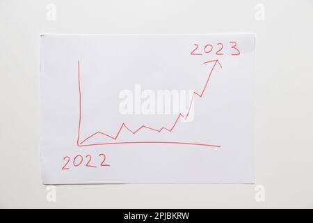 Tracé de la flèche de l'histogramme augmentant de l'année 2022 à l'année 2023 sur papier, analytique Banque D'Images