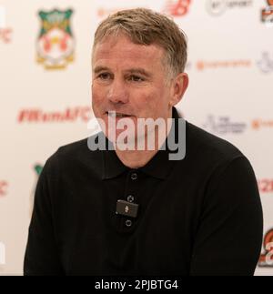 Wrexham, Wrexham County Borough, pays de Galles. 1st avril 2023. Le directeur de Wrexham Phil Parkinson conférence de presse à temps plein, pendant Wrexham Association football Club V Oldham Athletic Association football Club au terrain de course, dans la Vanarama National League. (Image de crédit : ©Cody Froggatt/Alamy Live News) Banque D'Images