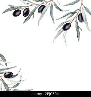 Bannière aquarelle avec branches de feuilles d'olive noires. Bouquet d'olive aquarelle. Élément décoratif pour carte de vœux. Illustration Banque D'Images