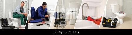 Collage avec photos de plombiers professionnels et leurs outils, conception de bannières Banque D'Images