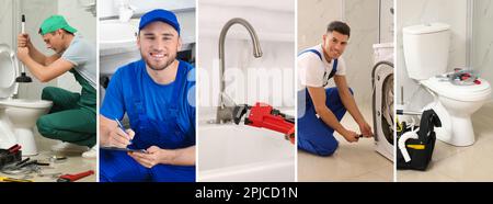 Collage avec photos de plombiers professionnels et leurs outils, conception de bannières Banque D'Images