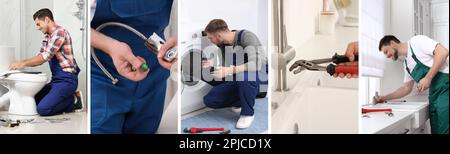Collage avec photos de plombiers professionnels et leurs outils, conception de bannières Banque D'Images